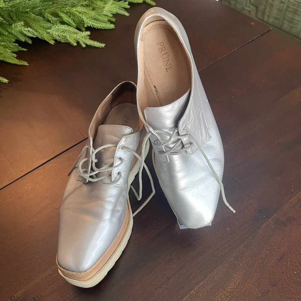 Prune Platform Leather Silver Oxfords Women's Shoes Size 7